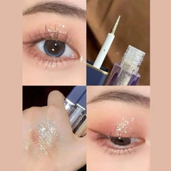 Collage of glittery eye makeup application with a close-up of an eyeliner pen.