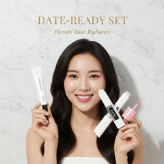 ELROEL Blanc Cover Stick + Dewy Primer + Rom&nd Bare Water Tint 02 Taffy Float — Date-Ready Set-Woman holding skincare products with 'Date-Ready Set' 