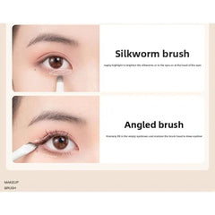 Makeup brush guide with silkworm and angled brush illustrations on a beige background.