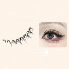 False eyelashes next to an eye wearing them on a beige background