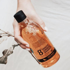 Hand holding a bottle of 8 Minute Ginseng Shampoo with a black cap on a light background