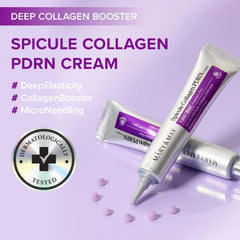 Spicule Collagen PDRN Cream tubes on a purple background with branding and product details.