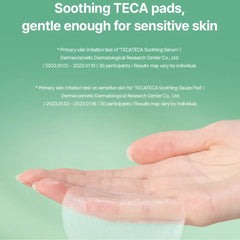 Soothing TECA pads on a hand with green background and text about skin tests.