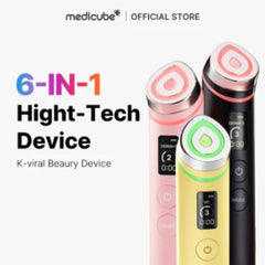 Three high-tech beauty devices with digital displays on a white background, branded as Medicube.