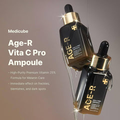 Flat lay of MEDICUBE Age-R Vita C Pro Ampoule with skincare products