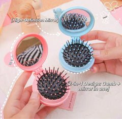 Two handheld grooming tools with mirrors and bristle designs held by a hand.