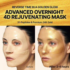Advertisement for an advanced overnight 4D rejuvenating mask with before and after effects on a woman's face.SUNGBOON EDITOR Silk Peptide EGF Intensive Gold Mask 4ea