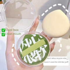 Green makeup puff with text and a white puff held by a hand, with text overlay.