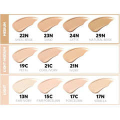 Concealer color chart with various beige and light tones on a white background