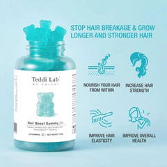 A bottle of Teddi Lab By Unichi Hair Boost Gummy 5m gummies with a white label and a clear cap showing several translucent blue gummy bears. The background is a solid light blue, with text and icons on the right detailing hair benefits.- Unichi Teddi Lab Hair Boost Gummy Plus 60s-The Cosmetic Store