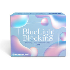Box of Hydron blue light blocking contact lenses with colorful design on a white background