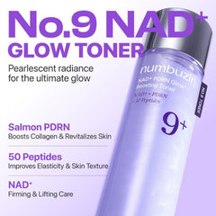 Numbuzin No.9 NAD+ Glow Toner bottle with product details -brightening toner numbuzin glass skin skincare |THE COSMETIC STORE NZ