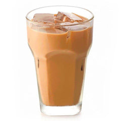Glass of iced coffee with ice cubes on a white background