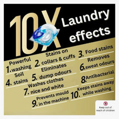 Advertisement for laundry detergent with text highlighting 10x laundry effects on a black and gold background.