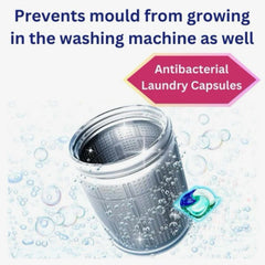 Antibacterial laundry capsules with washing machine illustration and text about preventing mould.