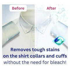 Before and after comparison of a white shirt with a stain remover product, emphasizing stain removal without bleach.