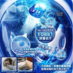 Washing machine with detergent bottles and text in a blue and white color scheme