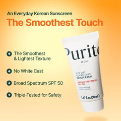 Purito sunscreen tube with product features on an orange background