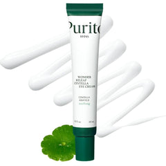 Purito eye cream tube with green cap and white body on a white background