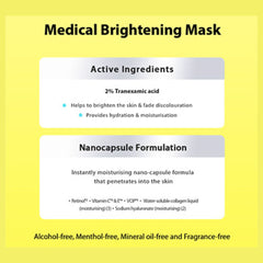 Medical brightening mask information card with active ingredients and benefits on a yellow background