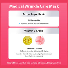 Medical wrinkle care mask information with active ingredients on a pink background