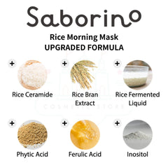 Saborino Rice Morning Mask ingredients including rice ceramide, rice bran extract, rice fermented liquid, phytic acid, ferulic acid, and inositol on a white background.