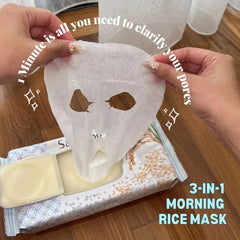 Hands holding a facial mask with text about pore clarification and product details.