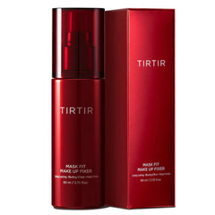 Red TIRTIR mask fit makeup fixer bottle and packaging on a white background