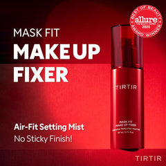 Red makeup fixer bottle with 'TIRTIR' branding on a red background, featuring the Allure Best of Beauty Award.