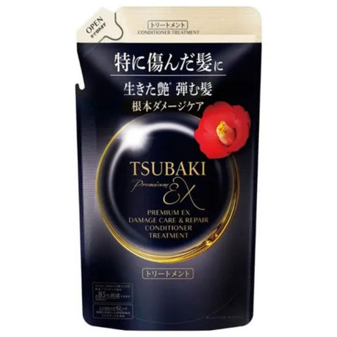 Tsubaki Premium EX conditioner treatment packaging with a red flower on a white background