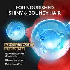 Advertisement for hair care product with blue bubbles and text about nourished, shiny, and bouncy hair.