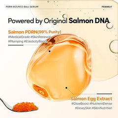 Serum packaging with salmon egg extract and text about PDRN and salmon DNA on a white background.