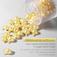 LACUES Anti-Aging Capsule Duo – Mother’s Day BOGO Set [Buy 1 get 1 Free]-The Cosmetic Store NZ-Gold capsules spilling out of a container labeled 'LACUES' on a light gray background.