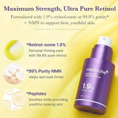 Official product packaging box for Medicube Retinol NMN Boosting Serum showing ingredient details.