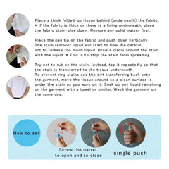 How-to-use step-by-step visual showing fabric stain being tapped and transferred onto a backing tissue using the Shimitori pen.