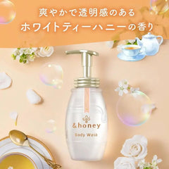 A creative sensory display illustrating the distinct fragrance profiles of &honey body washes, showcasing visual notes of classic honey, elegant rose, and fresh White Tea.