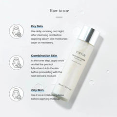 Skincare product with usage instructions for dry, combination, and oily skin on a white background