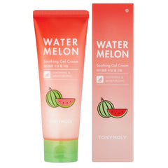 TONYMOLY Watermelon Soothing Gel Cream in a squeeze tube next to its retail box, featuring a red-to-pale-pink gradient with a green watermelon illustration and a light green cap.- TONYMOLY Watermelon Soothing Gel Cream 120ml | Oily & Sensitive Skin-THE COSMETIC STORE NZ