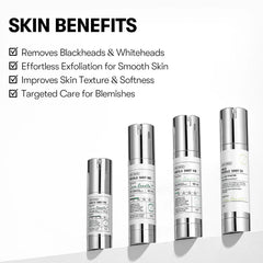 Skincare product bottles with skin benefits listed on a white background