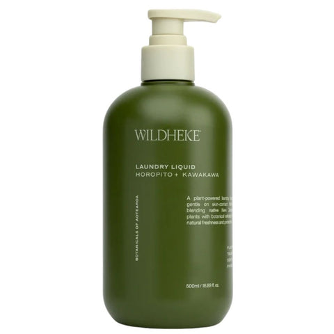 Wildheke Natural Laundry Liquid Horopito and Kawakawa 500ml concentrated pump bottle at The Cosmetic Store NZ- A 500ml pump bottle of Wildheke Laundry Liquid (Horopito + Kawakawa) in a matte olive green color with a cream-colored pump dispenser, shown on a plain white background.