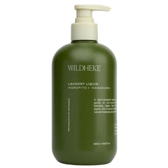 Wildheke Natural Laundry Liquid Horopito and Kawakawa 500ml concentrated pump bottle at The Cosmetic Store NZ- A 500ml pump bottle of Wildheke Laundry Liquid (Horopito + Kawakawa) in a matte olive green color with a cream-colored pump dispenser, shown on a plain white background.