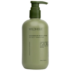 A 300ml pump bottle of Wildheke Magnesium Body Lotion in olive green, featuring a matching dark green pump dispenser, set against a plain white background.- Wildheke Magnesium Body Lotion Olive and Kawakawa 300ml pump bottle at The Cosmetic Store
