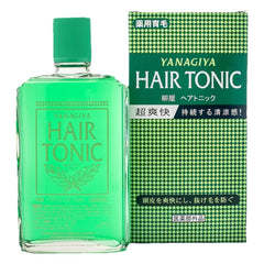 A bottle of Yanagiya Hair Tonic with bright green liquid and a green cap, shown next to its matching green and black checkered box on a white background.-THE COSMETIC STORE