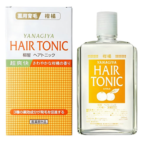 Yanagiya Hair Tonic Citrus in a clear bottle with a white cap, shown next to its orange and white retail box on a white background.-THE COSMETIC STORE