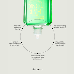 A green bottle of Yanagi Hair Tonic with a clear applicator nozzle, centered on a light gray background with circular callout text detailing hair care benefits.-Yanagiya Hair Tonic 240ml-THE COSMETIC STORE NZ