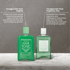 Two Yanagiya Hair Tonic bottles displayed on a light marble surface against a textured gray background, with descriptive text callouts above each bottle.- Yanagiya Haie Tonic -Unscented Cool 240ml-THE COSMETIC STORE NZ