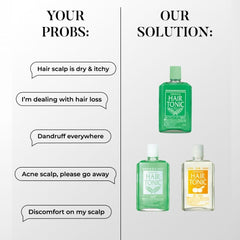 A promotional comparison graphic with the text 'YOUR PROBS:' on the left and 'OUR SOLUTION:' on the right. On the left, speech bubbles list scalp issues like dry/itchy scalp, hair loss, dandruff, acne scalp, and discomfort. - Yanagiya Hair Tonic Citrus 240ml- THE COSMETIC STORE NZ