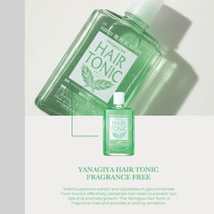 A bottle of Yanagiya Hair Tonic shown in a large angled close-up above a smaller front-facing bottle, on a light gray background with green text below reading 'YANAGIYA HAIR TONIC FRAGRANCE FREE'.- Yanagiya Haie Tonic -Unscented Cool 240ml-THE COSMETIC STORE NZ