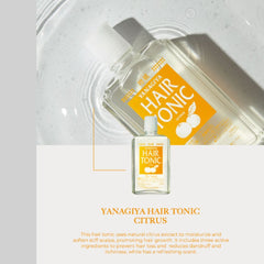 A bottle of Yanagiya Hair Tonic Citrus shown on a light gray background with a larger angled product shot above it. The bottle is clear with a white cap and a bright yellow-orange label featuring white citrus graphics and the text 'YANAGIYA HAIR TONIC'.-Yanagiya Hair Tonic Citrus 240ml- THE COSMETIC STORE NZ