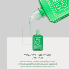 A green Yanagiya Hair Tonic bottle shown with a smaller upright bottle and a clear liquid stream pouring from the tilted bottle. Text below reads 'YANAGIYA HAIR TONIC ORIGINAL' on a light gray background.- Yanagiya Hair Tonic 240ml-THE COSMETIC STORE NZ